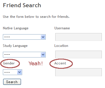 Now you can search for friends on RhinoSpike by gender and accent!